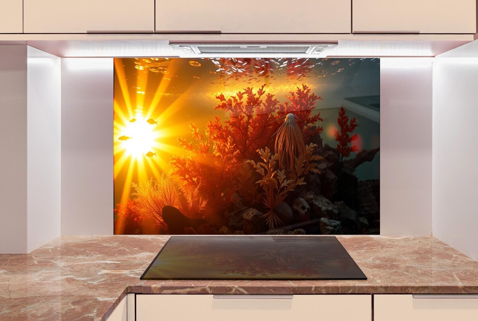 a painting of a sunset in a kitchen