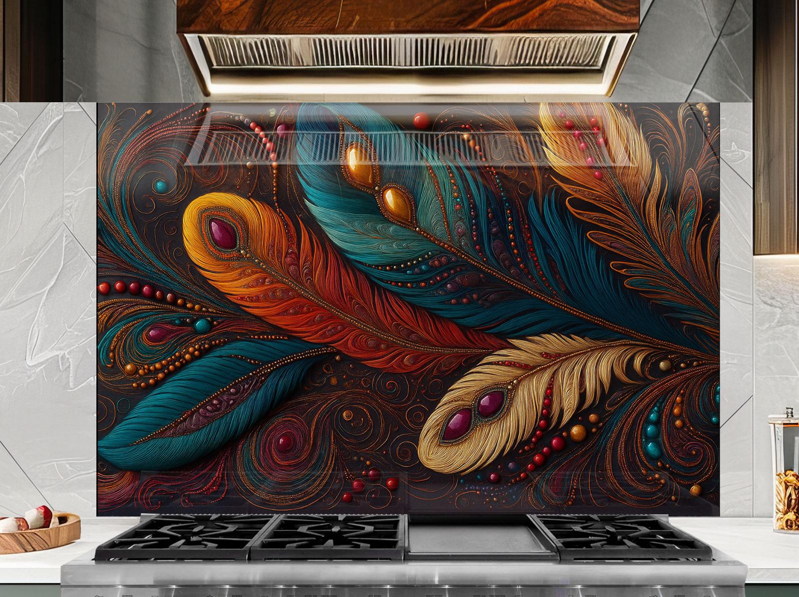 a painting of colorful feathers on a marble backsplash