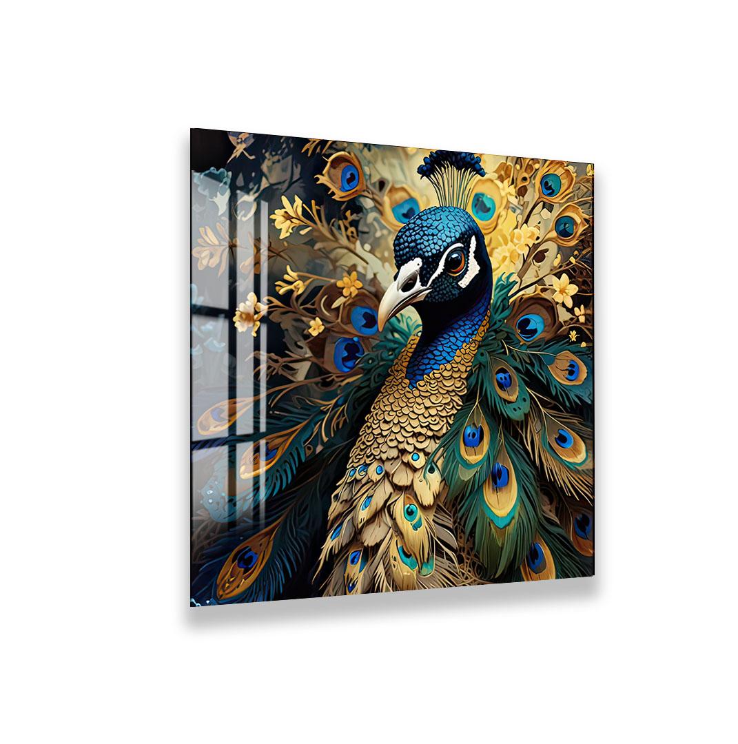 A vibrant and detailed painting of a peacock, showcasing its stunning blue, green, and gold feathers.