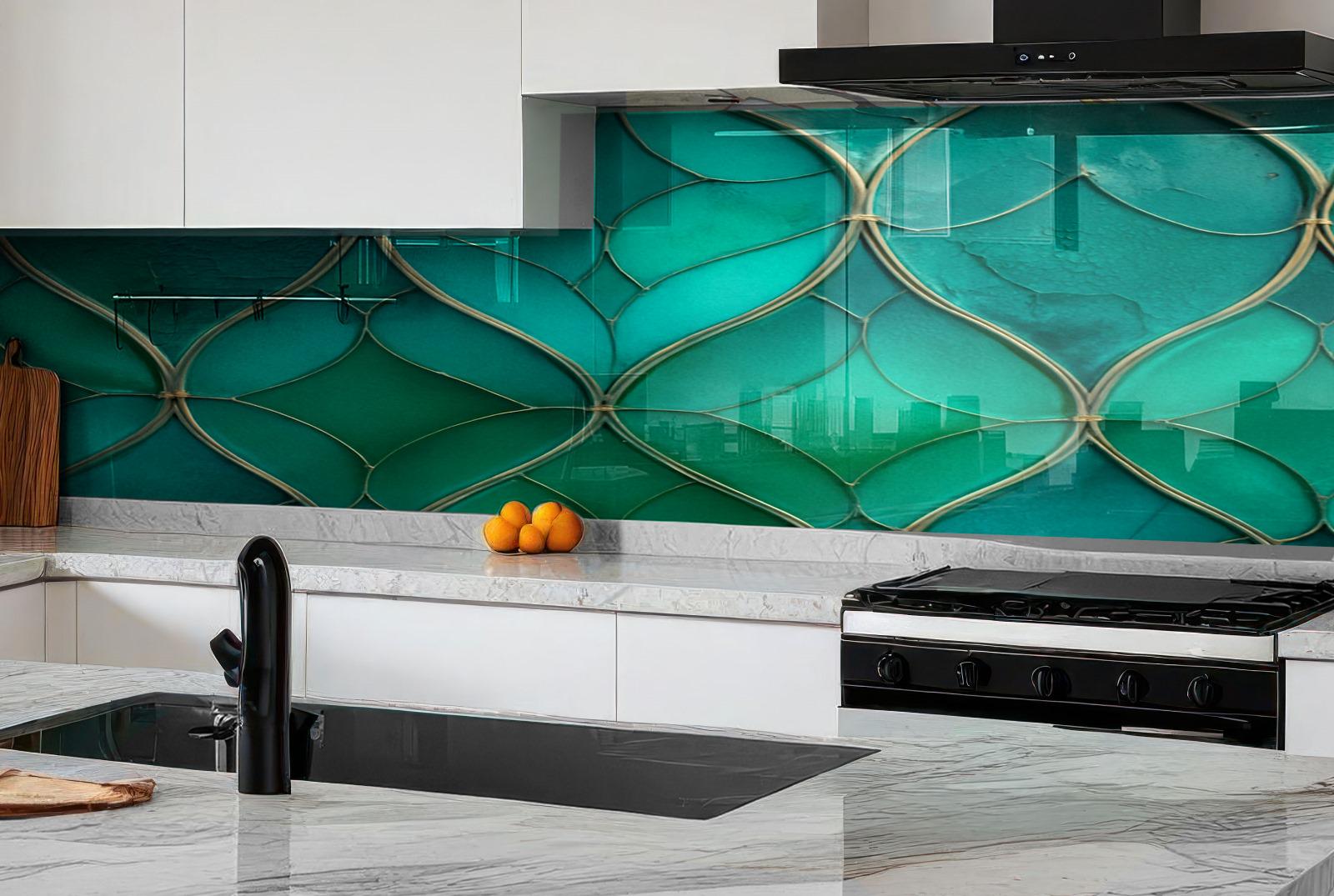 a kitchen with marble counter tops and a green tile backsplash
