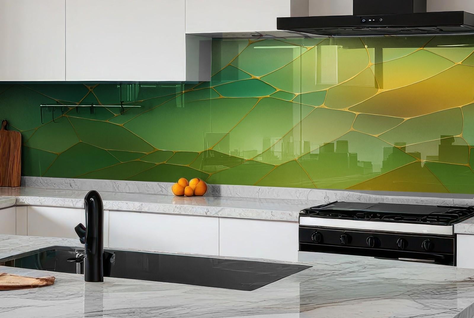 a kitchen with a marble counter top next to a stove top oven