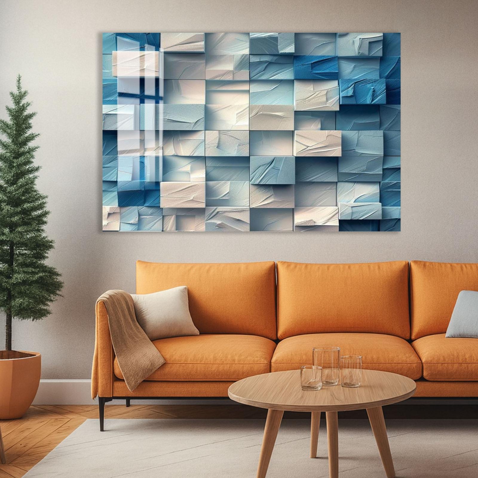 a modern living room with a large abstract painting on the wall above a cozy orange sofa. The sofa is positioned in front of a wooden coffee table, which has a glass top. The room also includes a potted plant and a vase, adding to the overall aesthetic of the space.