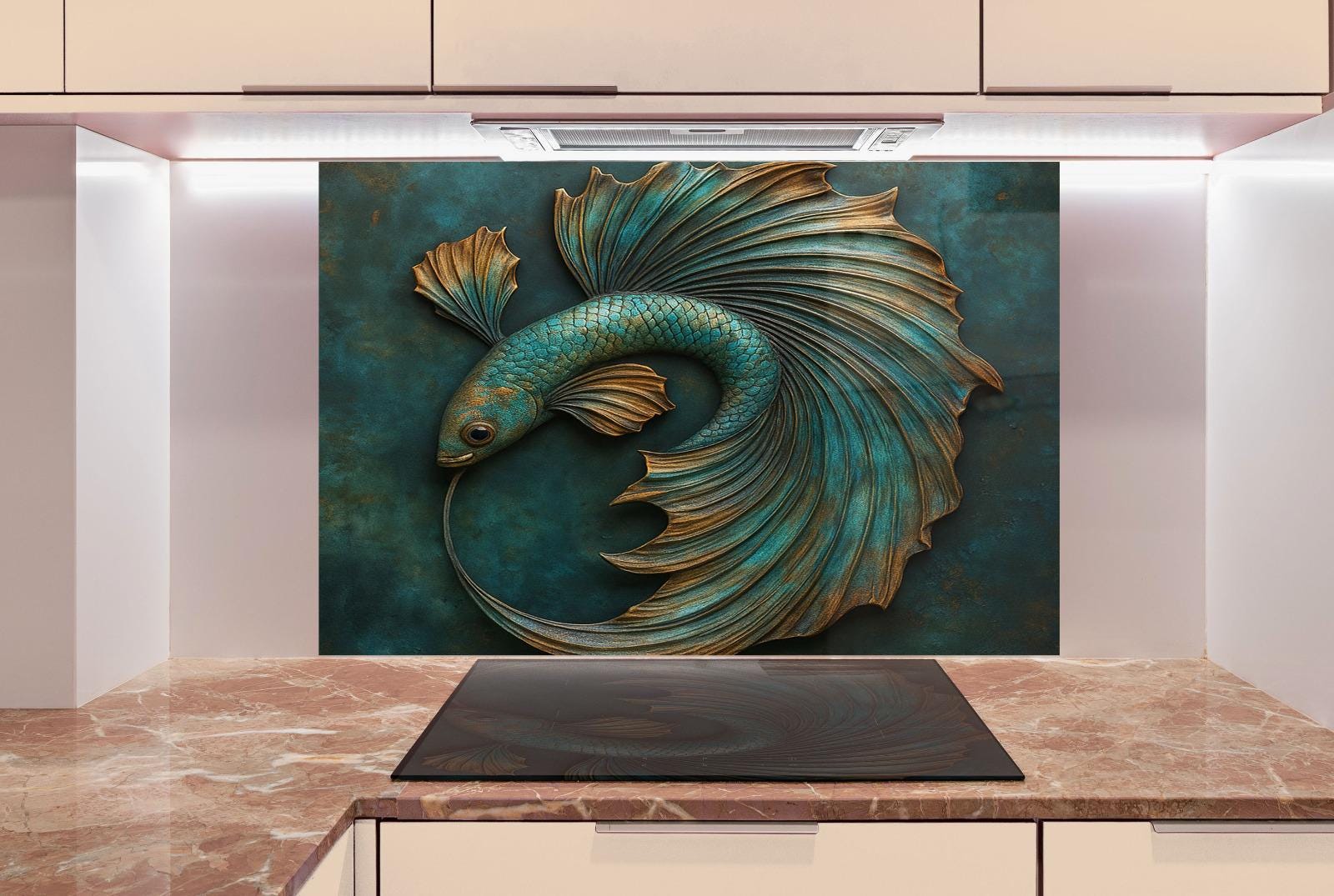 a painting of a fish on a wall in a kitchen