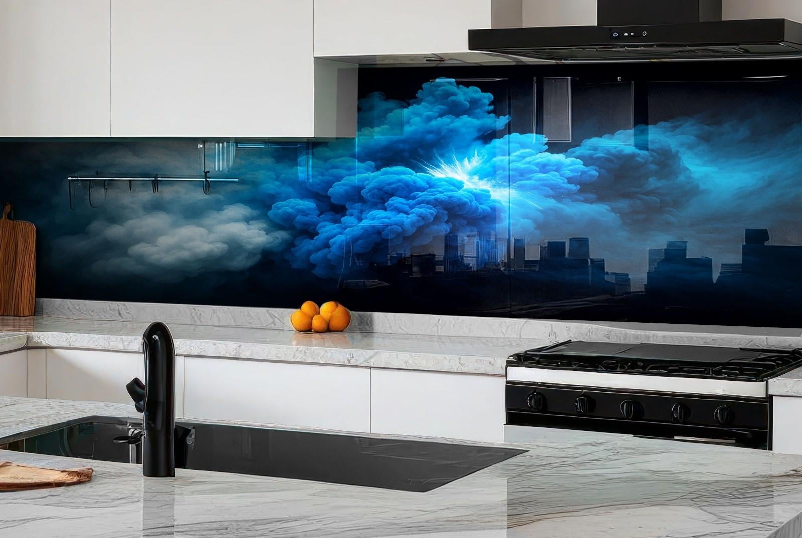 a kitchen with a large picture on the wall