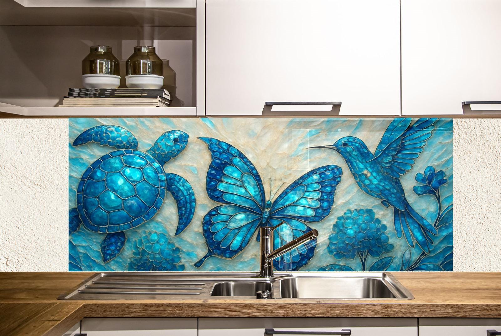 a kitchen with a sink and a painting on the wall