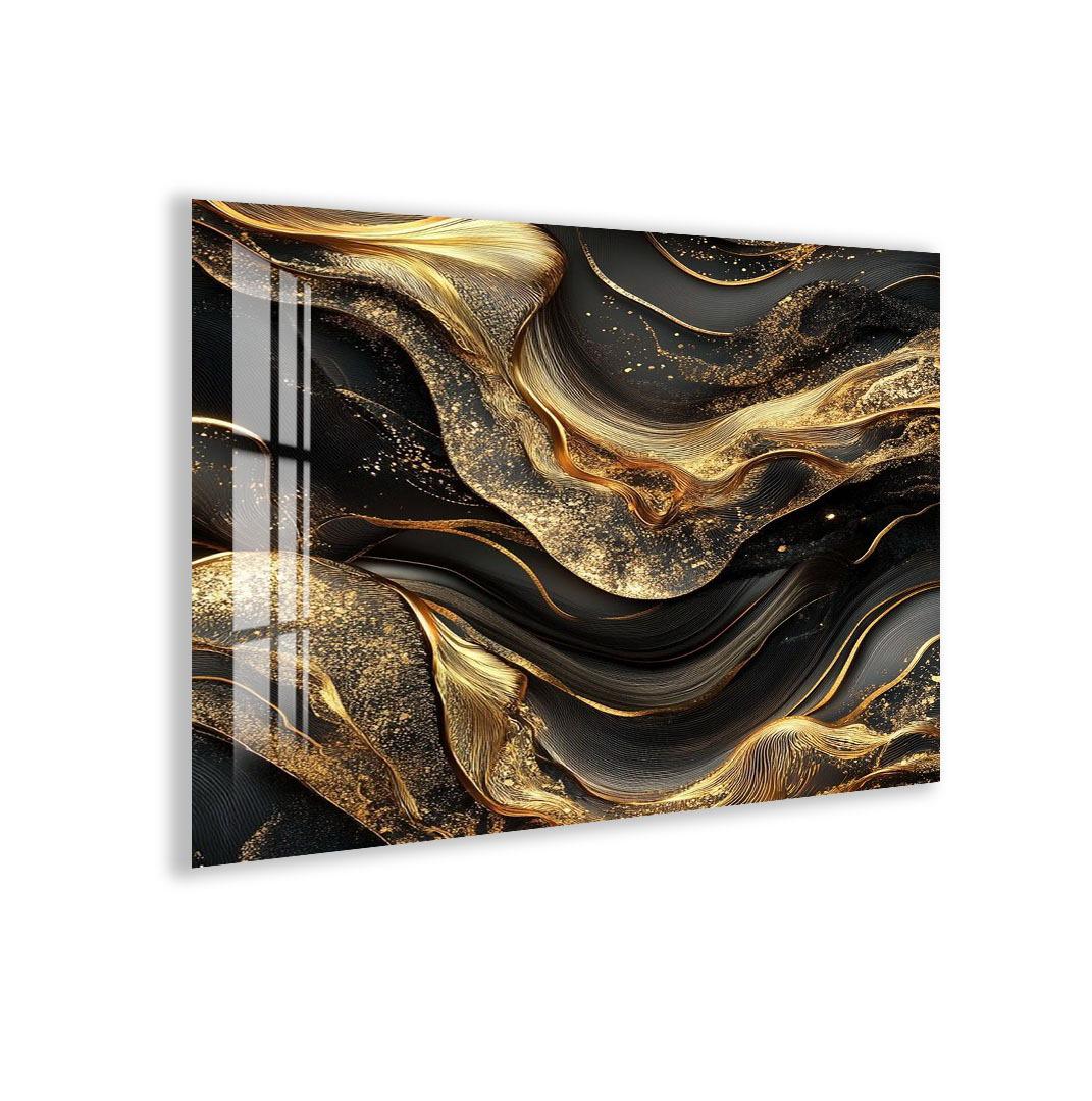 The image is a striking abstract artwork with a swirling pattern of black and gold colors, creating a sense of movement and dynamism.