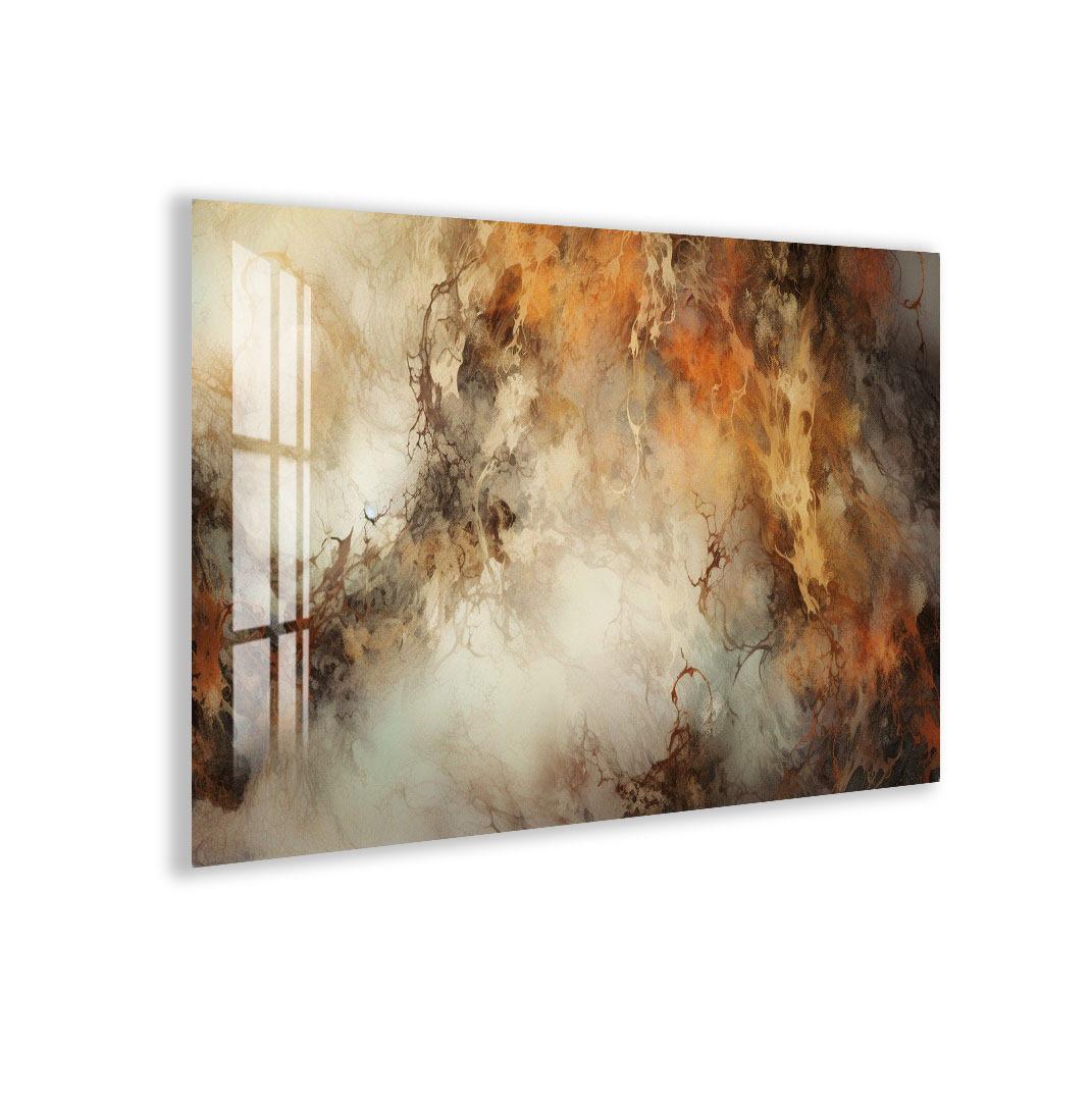 The image is a large abstract painting with a mix of warm and cool colors, depicting a dynamic and swirling composition.