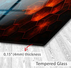 a close up of a glass door with a red and blue pattern