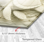 a close up of a bed with a turtle on it