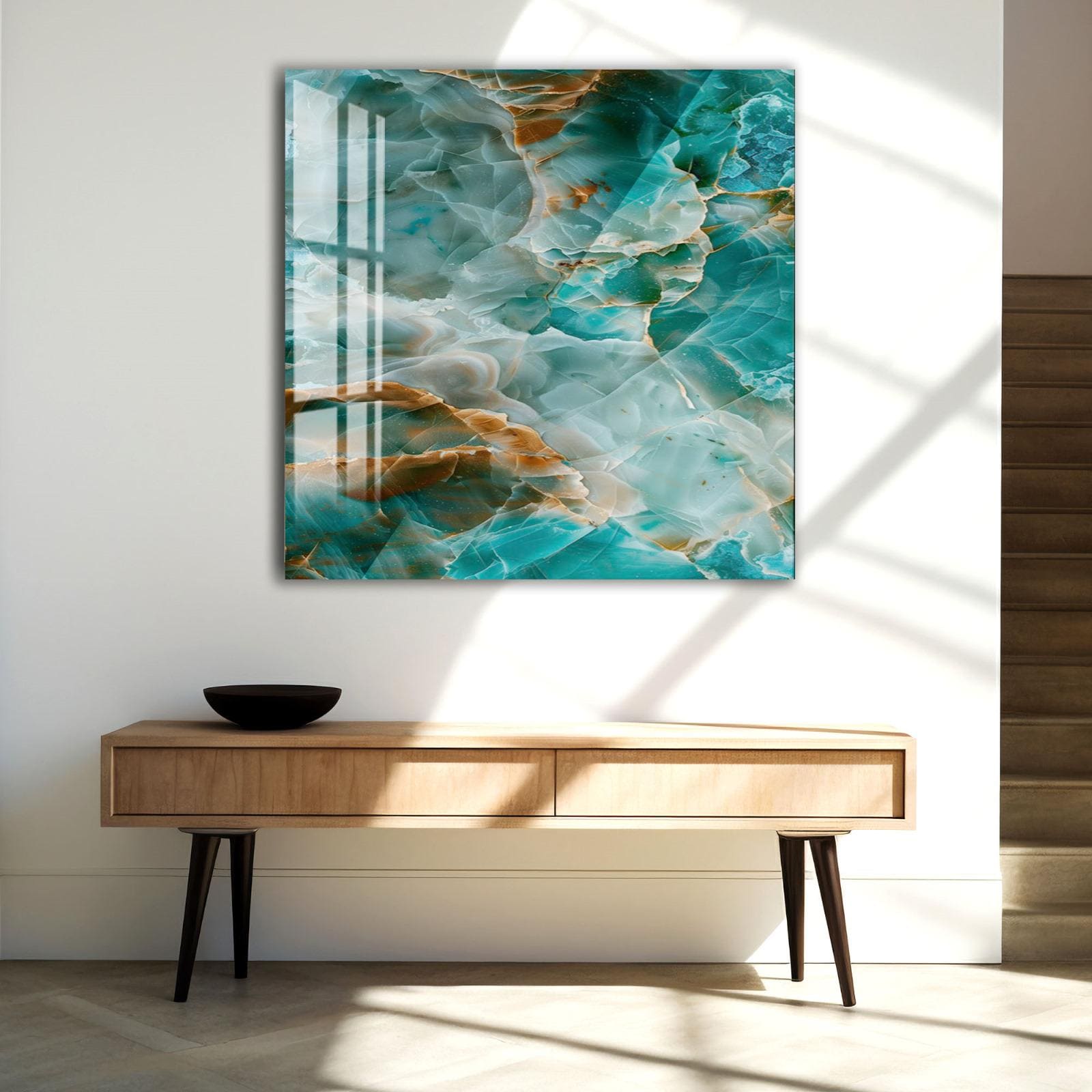 a modern, minimalist interior design with a large abstract painting hanging on the wall above a wooden console table.
