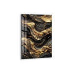 The image is a striking abstract artwork with a swirling pattern of black and gold colors, creating a sense of movement and dynamism.