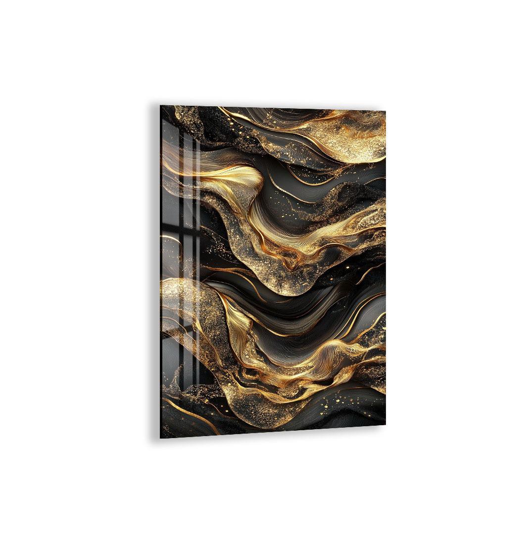 The image is a striking abstract artwork with a swirling pattern of black and gold colors, creating a sense of movement and dynamism.
