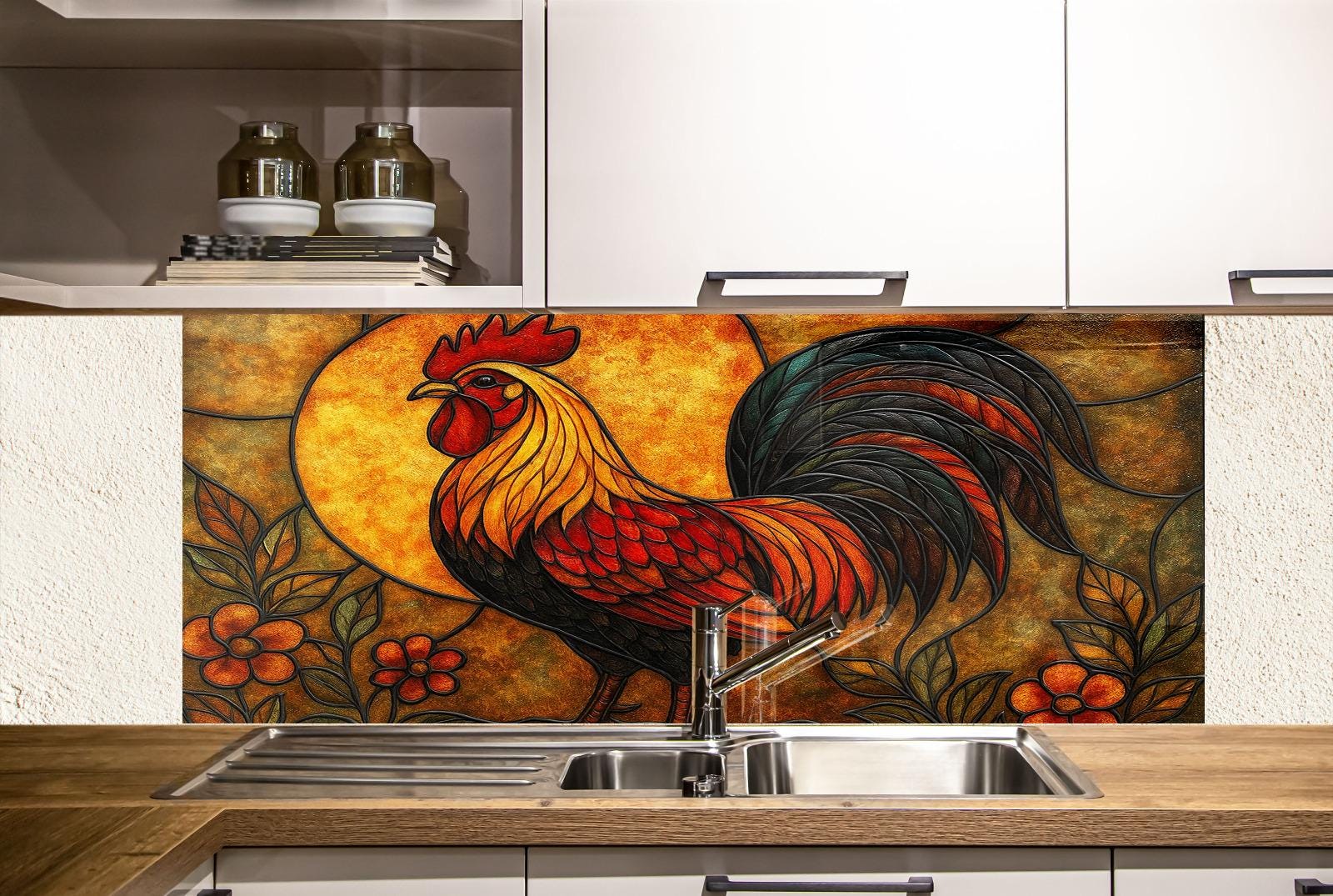 a rooster painted on the side of a kitchen wall
