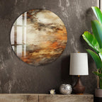 a large circular wall art piece with a vibrant abstract painting hanging on a textured gray wall. To the right of the art piece, there is a wooden shelf with a lamp, a small silver ball, and a plant.