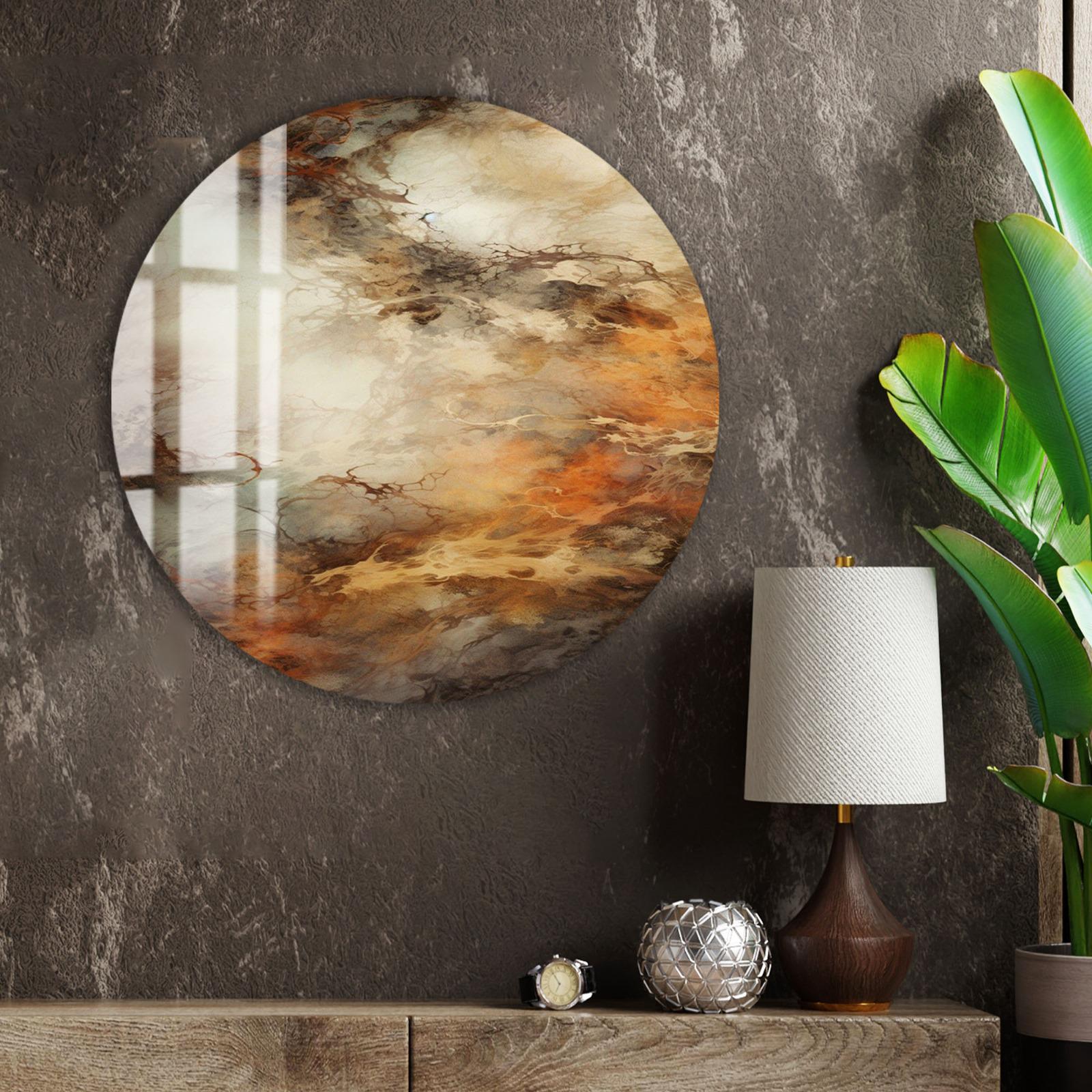 a large circular wall art piece with a vibrant abstract painting hanging on a textured gray wall. To the right of the art piece, there is a wooden shelf with a lamp, a small silver ball, and a plant.