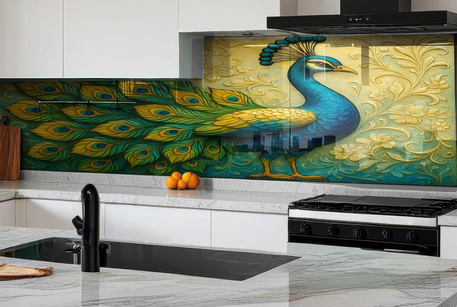a painting of a peacock on a kitchen backsplash