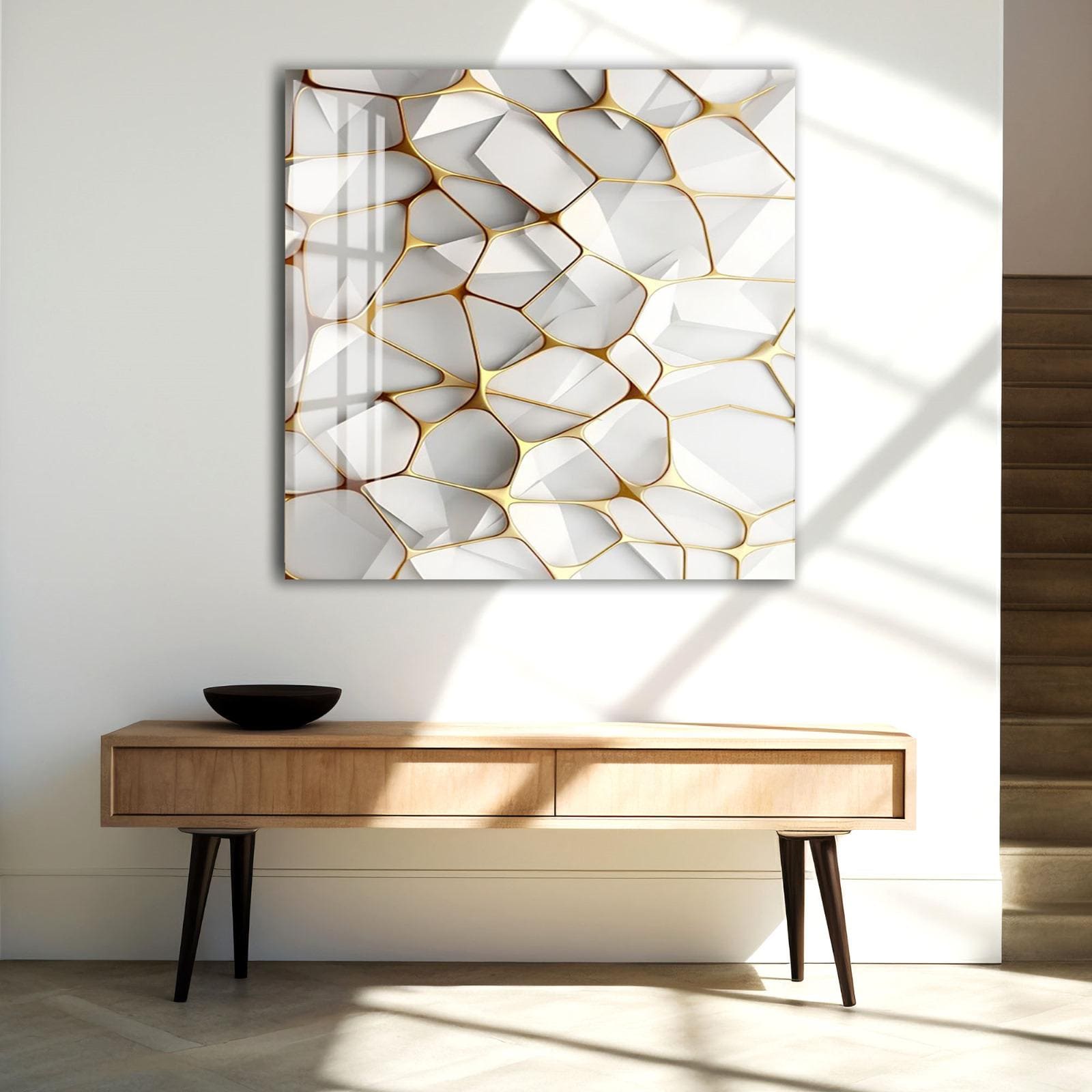a modern, minimalist interior design with a wooden console table and a large abstract artwork hanging on the wall above it.