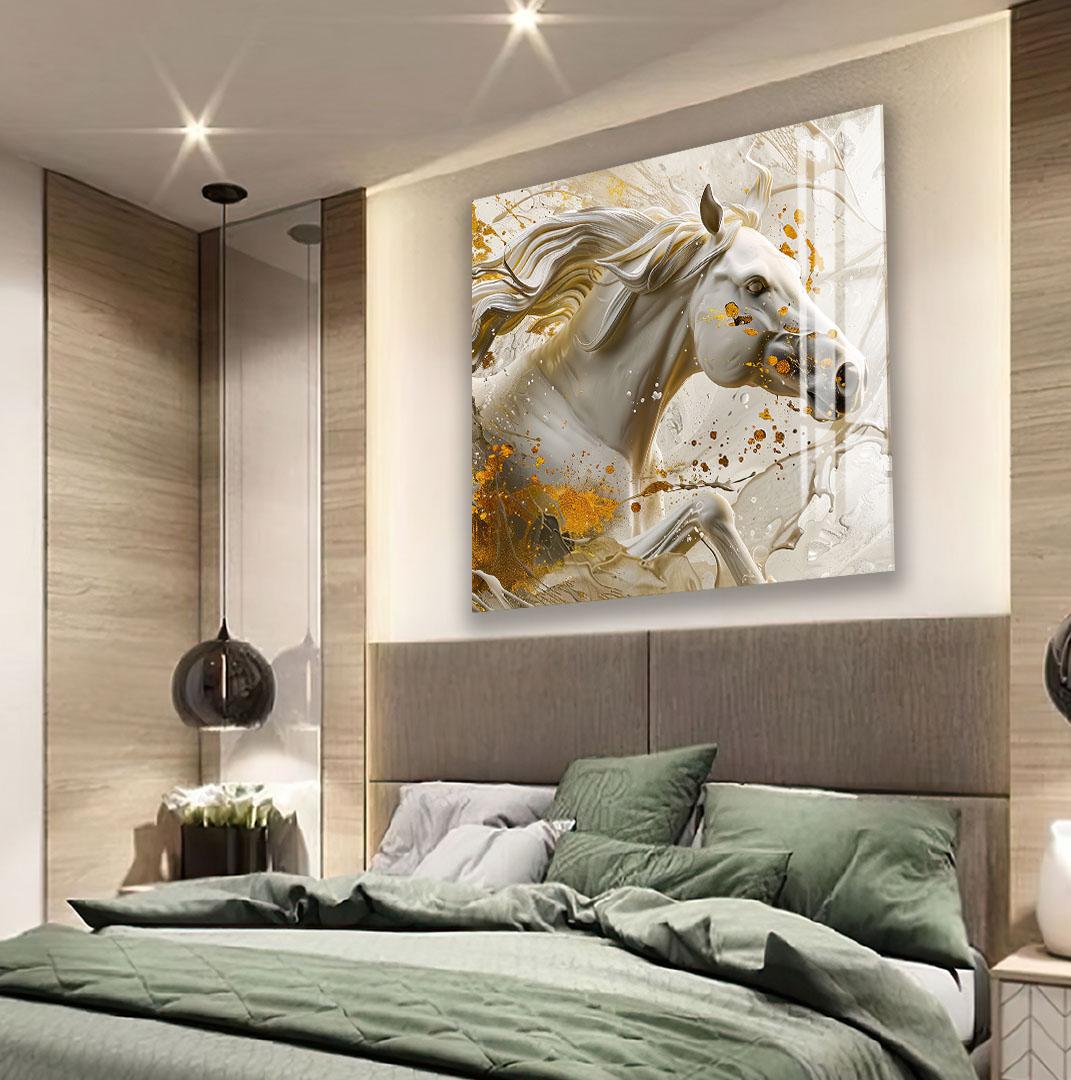 a large, colorful painting of two toucans perched on a branch, hanging on the wall above a bed with green bedding.