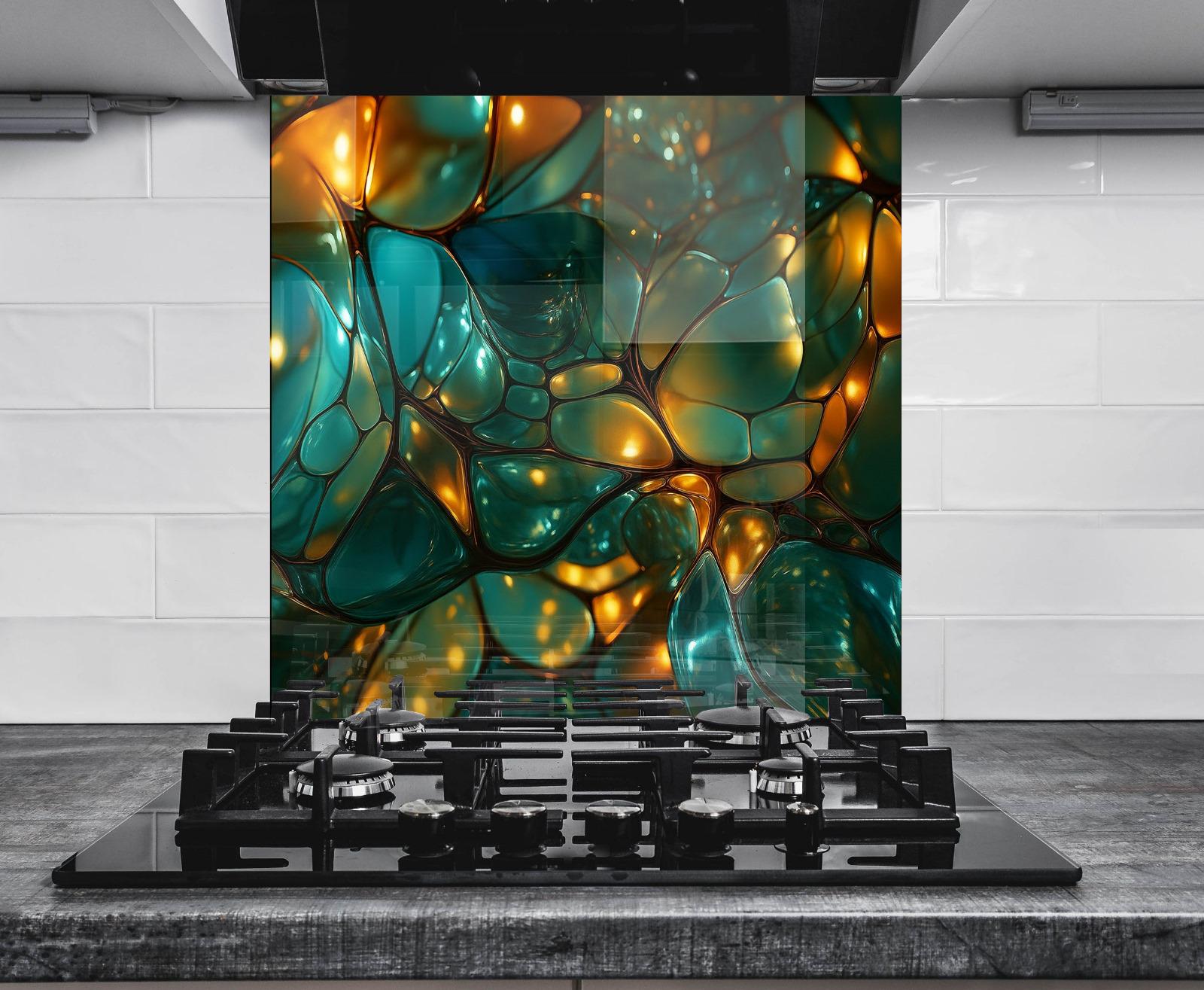 a stove top with a painting on the back of it