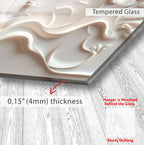 a close-up view of a glass surface with a curved, embossed design. The glass appears to be Tempered Glass, which is known for its durability and resistance to scratches. The image is described as a "0.15" (4mm) thickness, indicating that the glass is quite thin. The glass is mounted on a wooden surface, and there is a red arrow pointing to the bottom left corner of the image, suggesting that the glass is hanging.