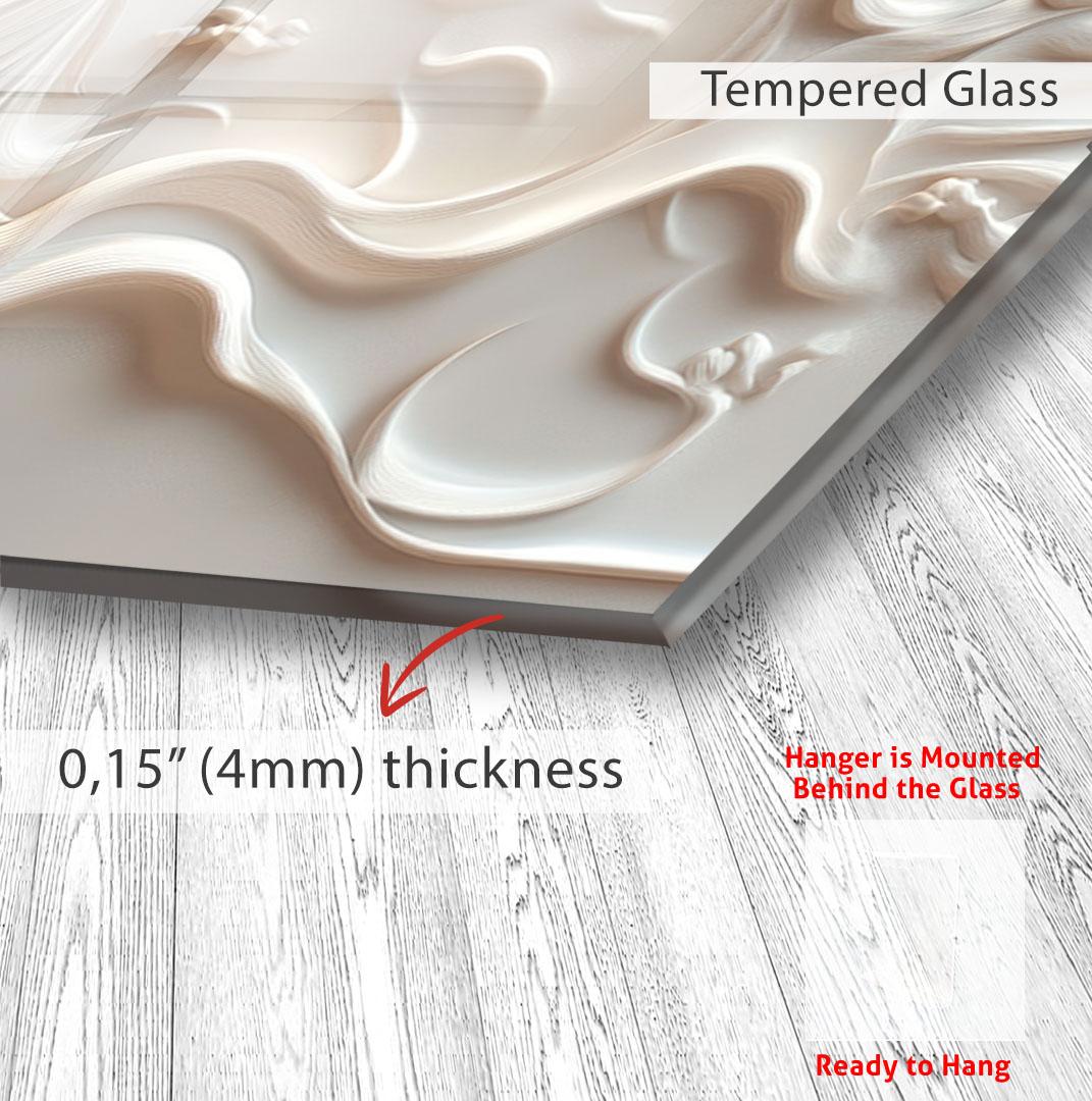 a close-up view of a glass surface with a curved, embossed design. The glass appears to be Tempered Glass, which is known for its durability and resistance to scratches. The image is described as a "0.15" (4mm) thickness, indicating that the glass is quite thin. The glass is mounted on a wooden surface, and there is a red arrow pointing to the bottom left corner of the image, suggesting that the glass is hanging.