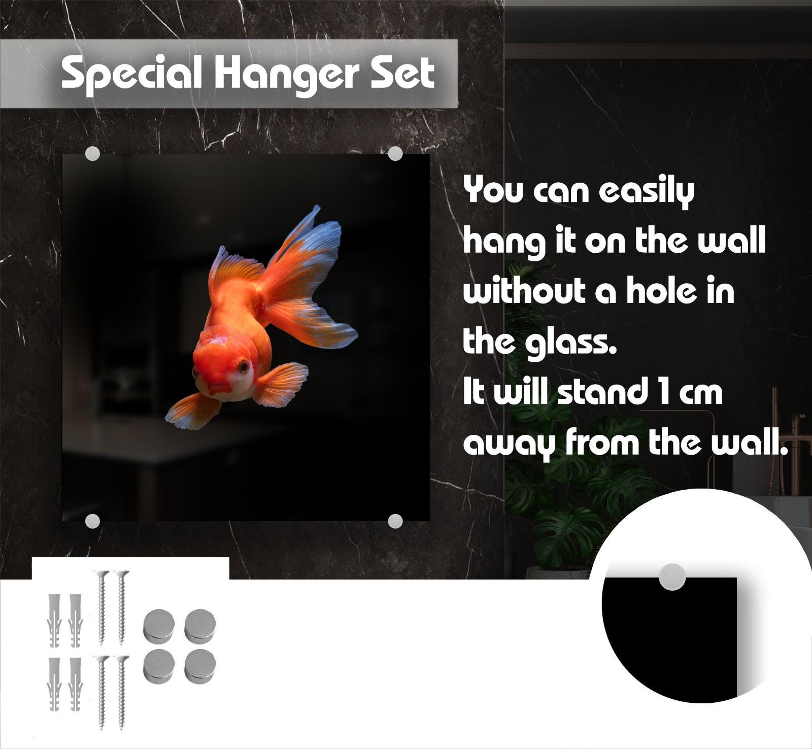a goldfish swimming in a glass bowl, with a black background and a white border.