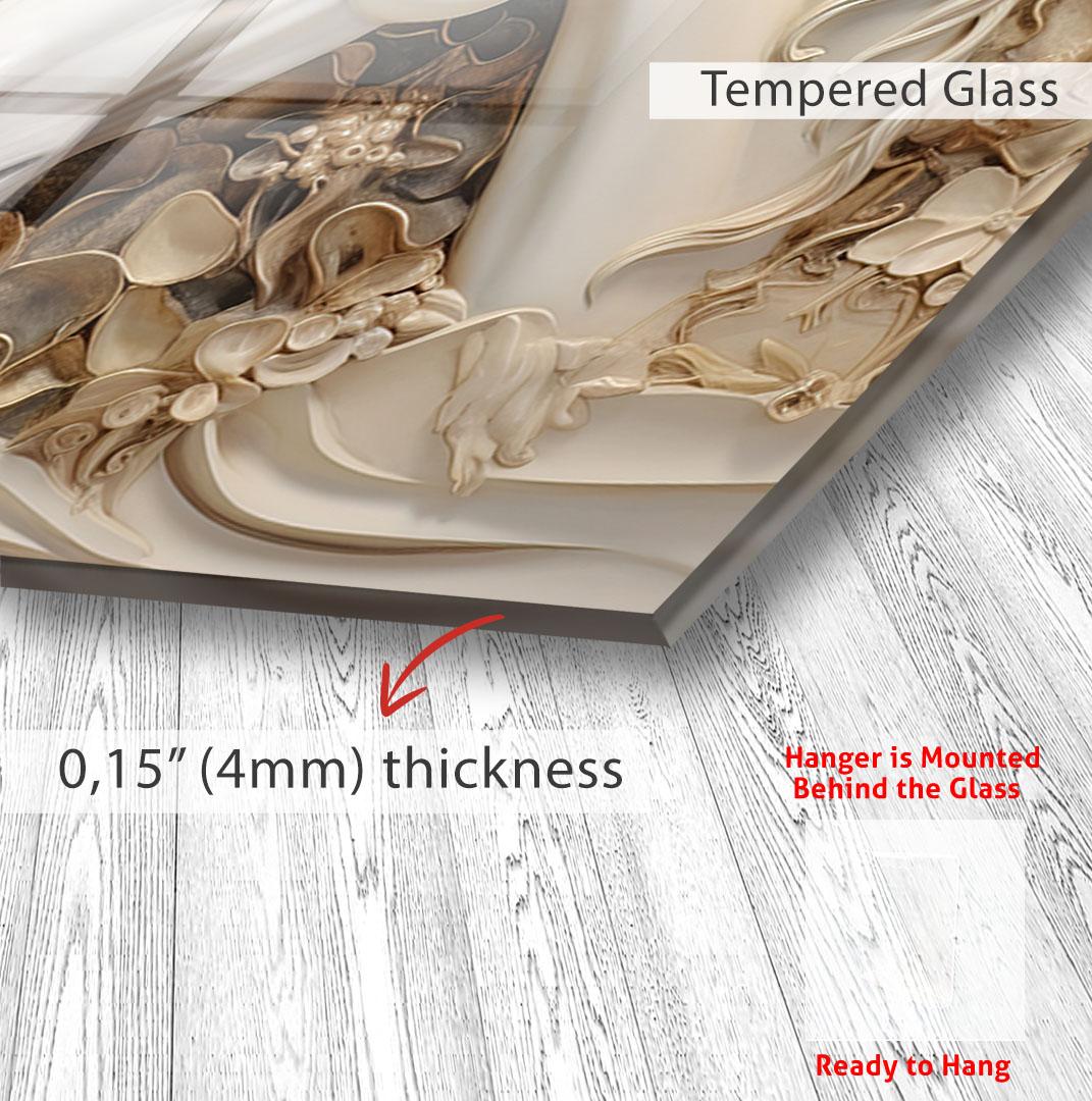 The image is a close-up of a glass surface with a floral design, and it is mounted on a wooden floor.