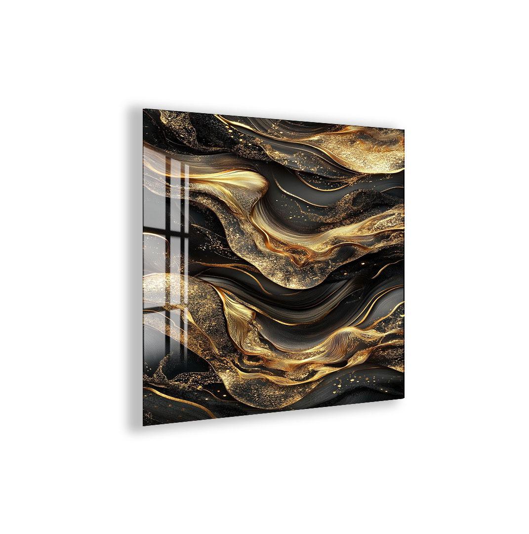 a striking abstract artwork with swirling patterns of black and gold colors.
