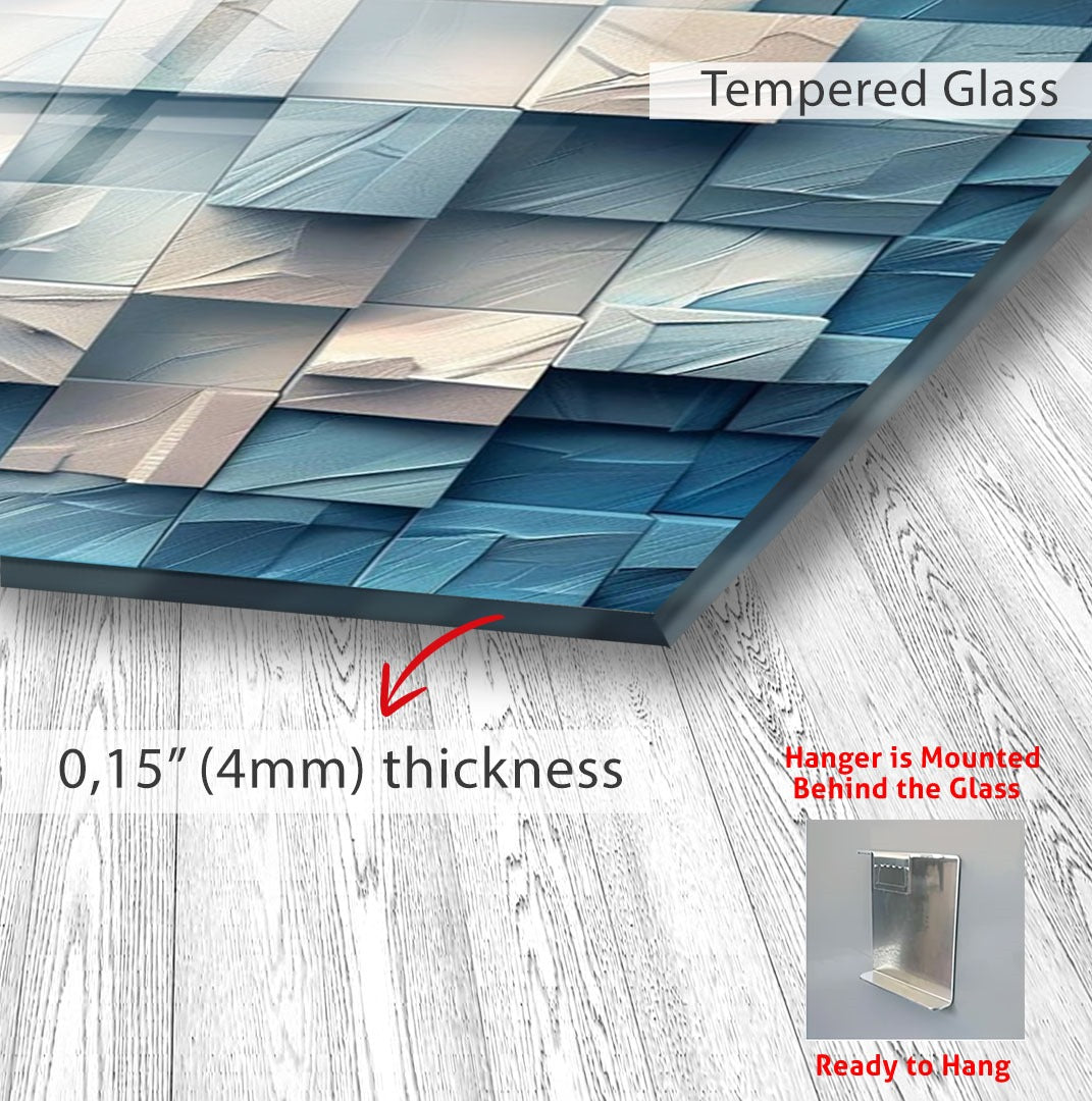 The image is a close-up of a glass surface with a textured pattern, and it is mounted on a wall. The glass appears to be Tempered Glass, which is known for its durability and resistance to breakage. The image also includes a text that provides information about the glass, such as its thickness, which is 0.15 mm (4 mm) thick.