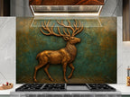 a painting of a deer on the wall of a kitchen