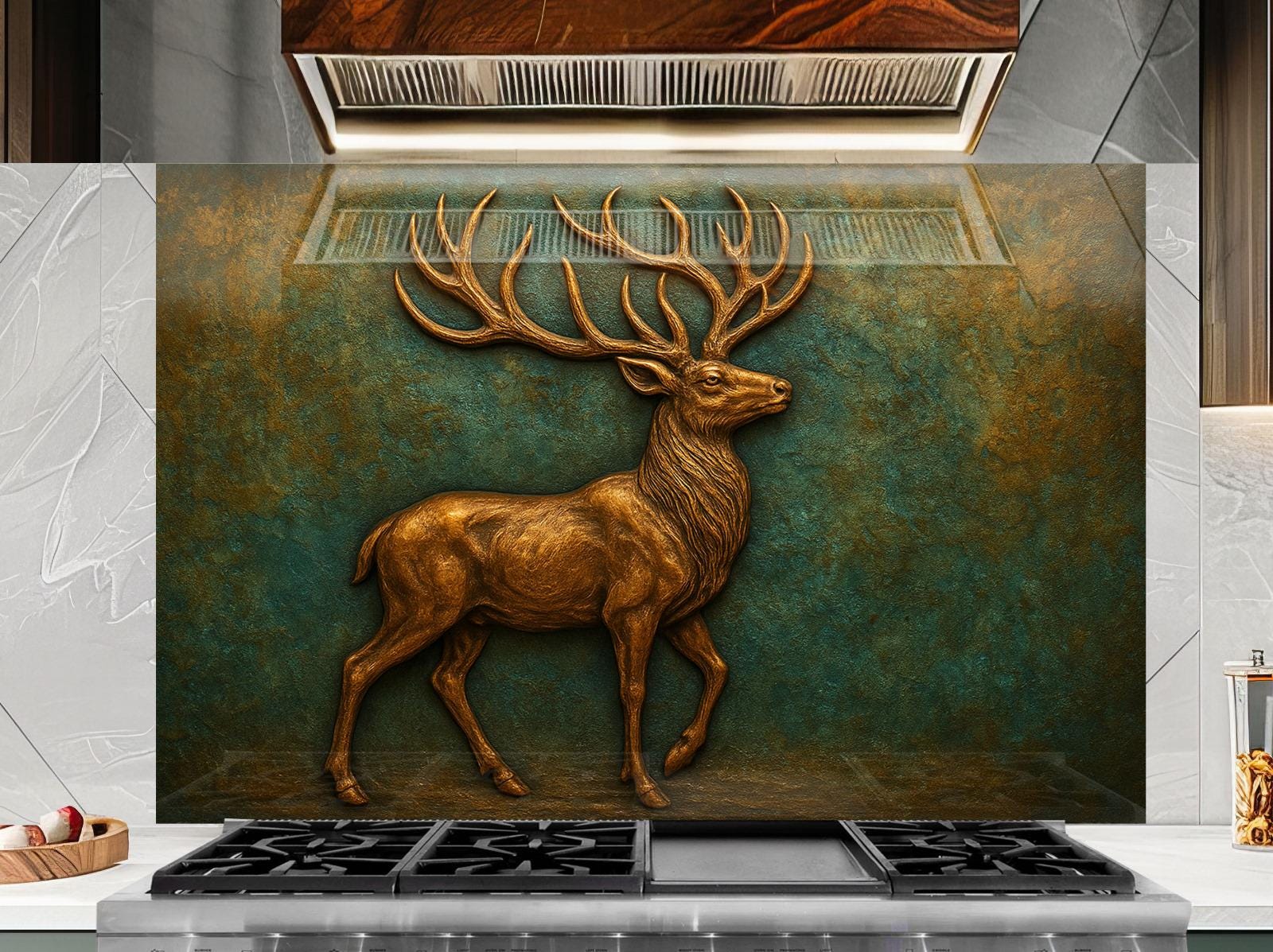 a painting of a deer on the wall of a kitchen