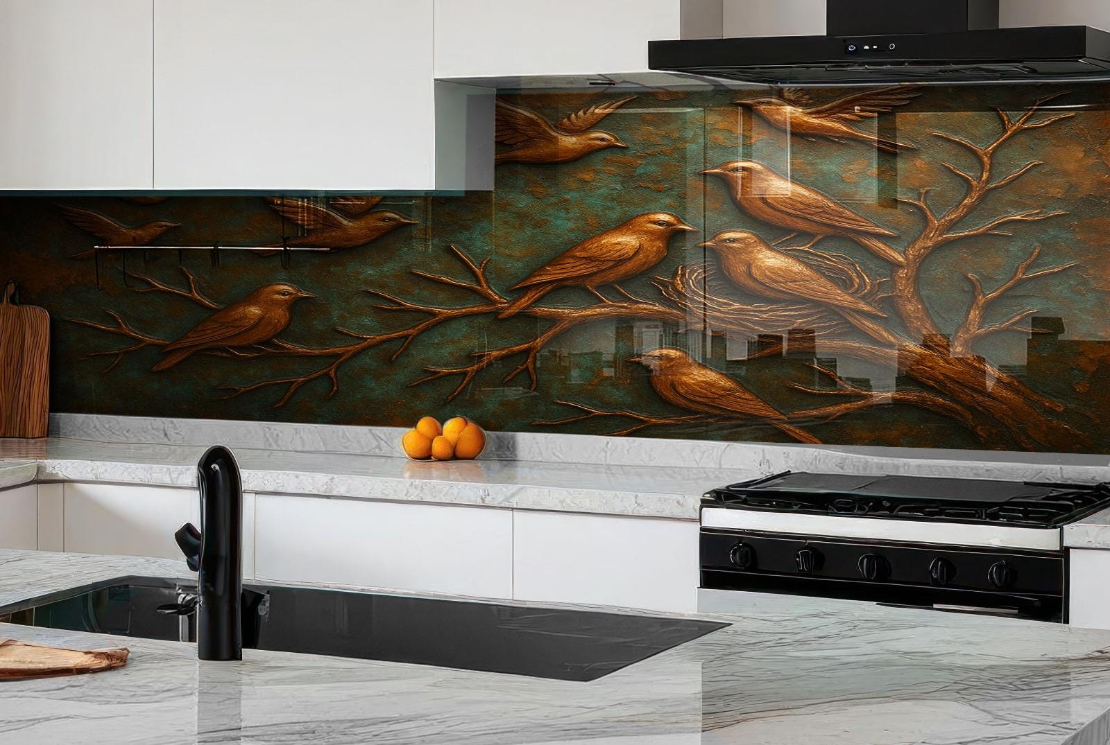 a kitchen with a stove top oven and a painting on the wall