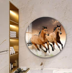 A large round mirror in a bathroom, with a close-up of two leopards' faces on its surface.
