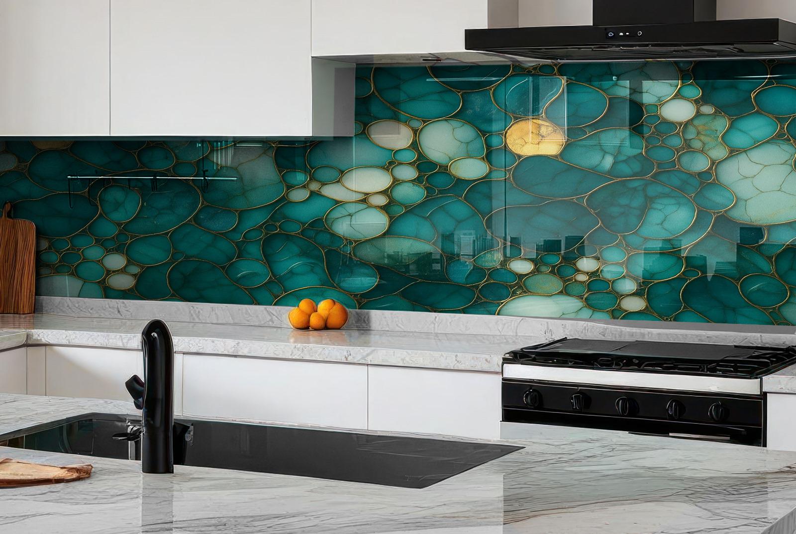 a kitchen with marble counter tops and a glass backsplash