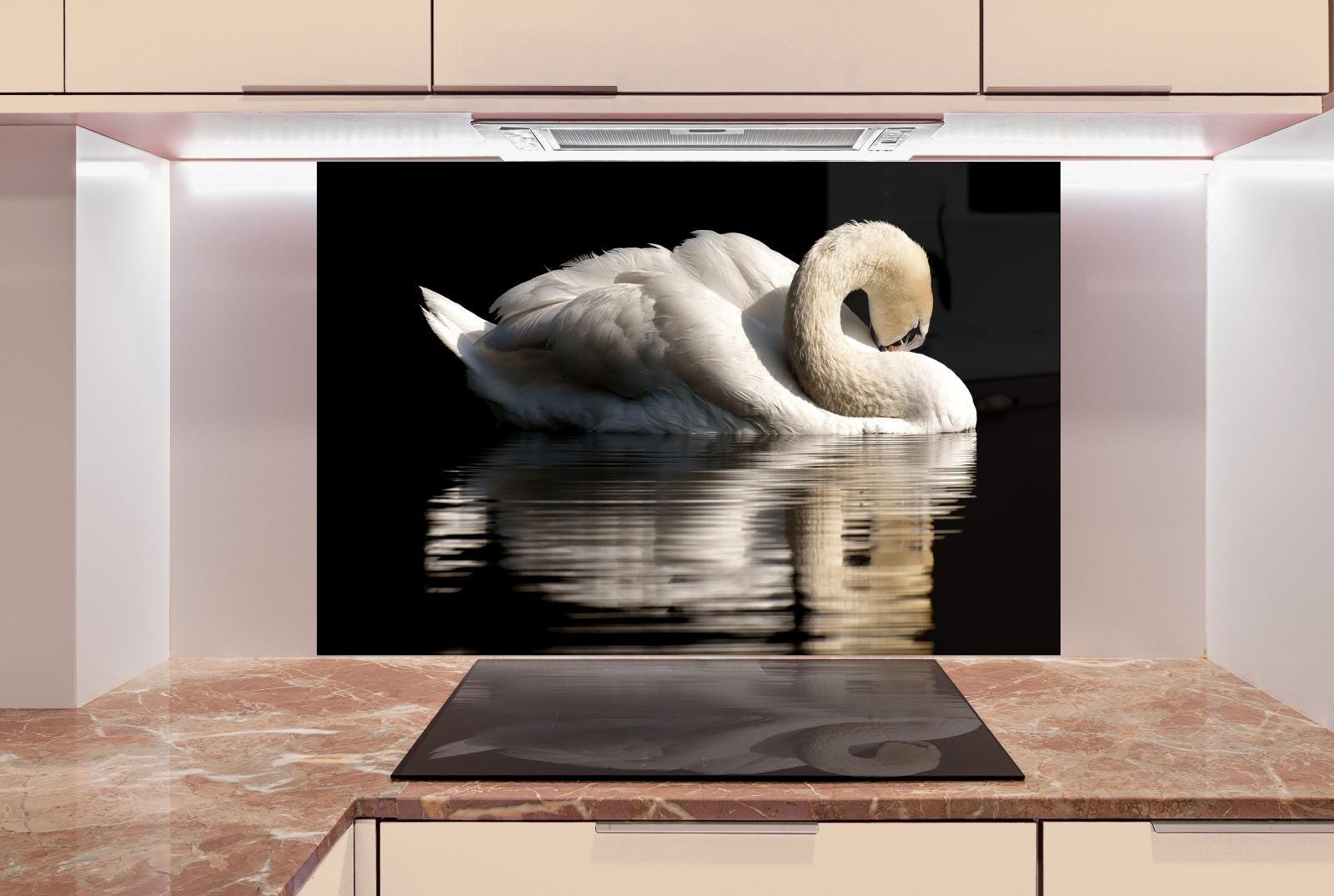 A large, white swan swimming in a body of water, with its reflection visible on the water&#39;s surface.