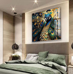 a large, colorful painting of a peacock displayed on the wall above a bed with green bedding.
