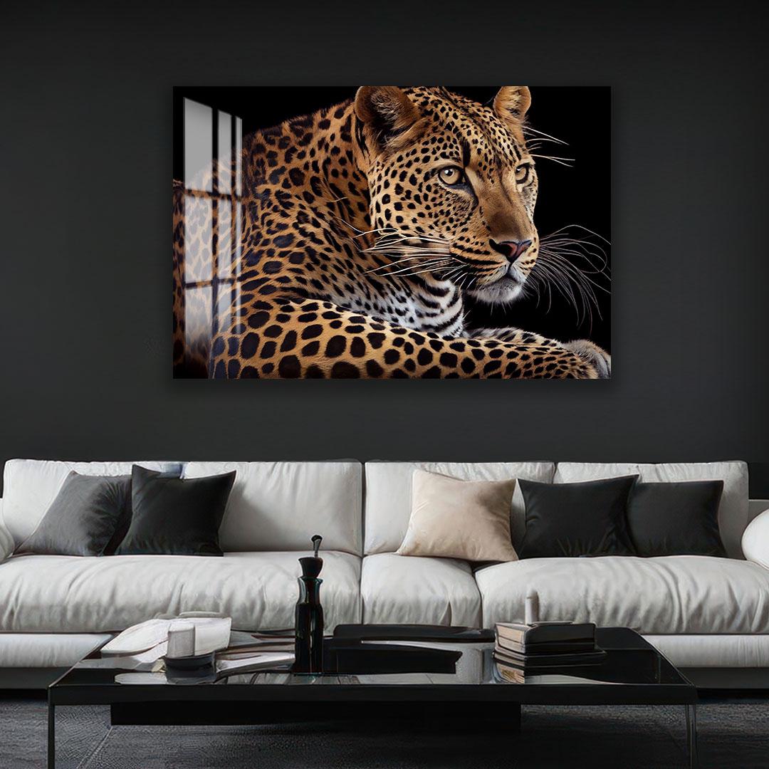 A large, striking photograph of a leopard is displayed on the wall above a white sofa in a modern living room setting.