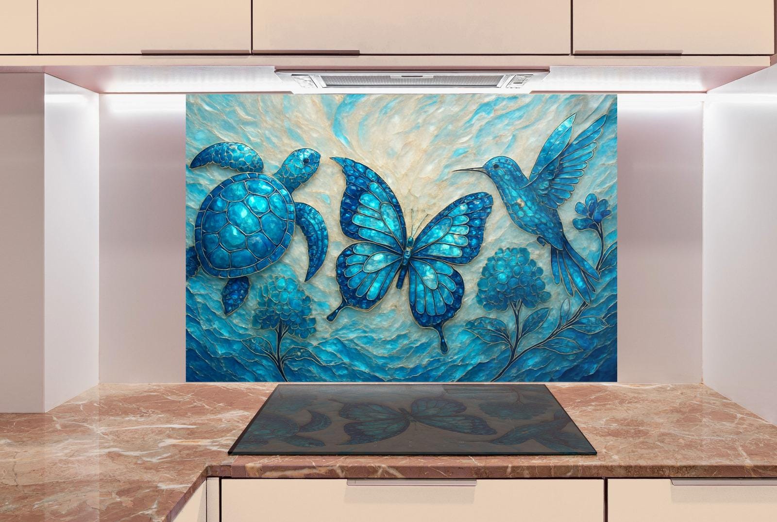 a painting of three blue turtles on a blue background