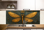 a kitchen with a large, detailed butterfly mural on the wall behind the sink. The butterfly has golden wings and is surrounded by green leaves and flowers. The kitchen has white cabinets and a wooden countertop.
