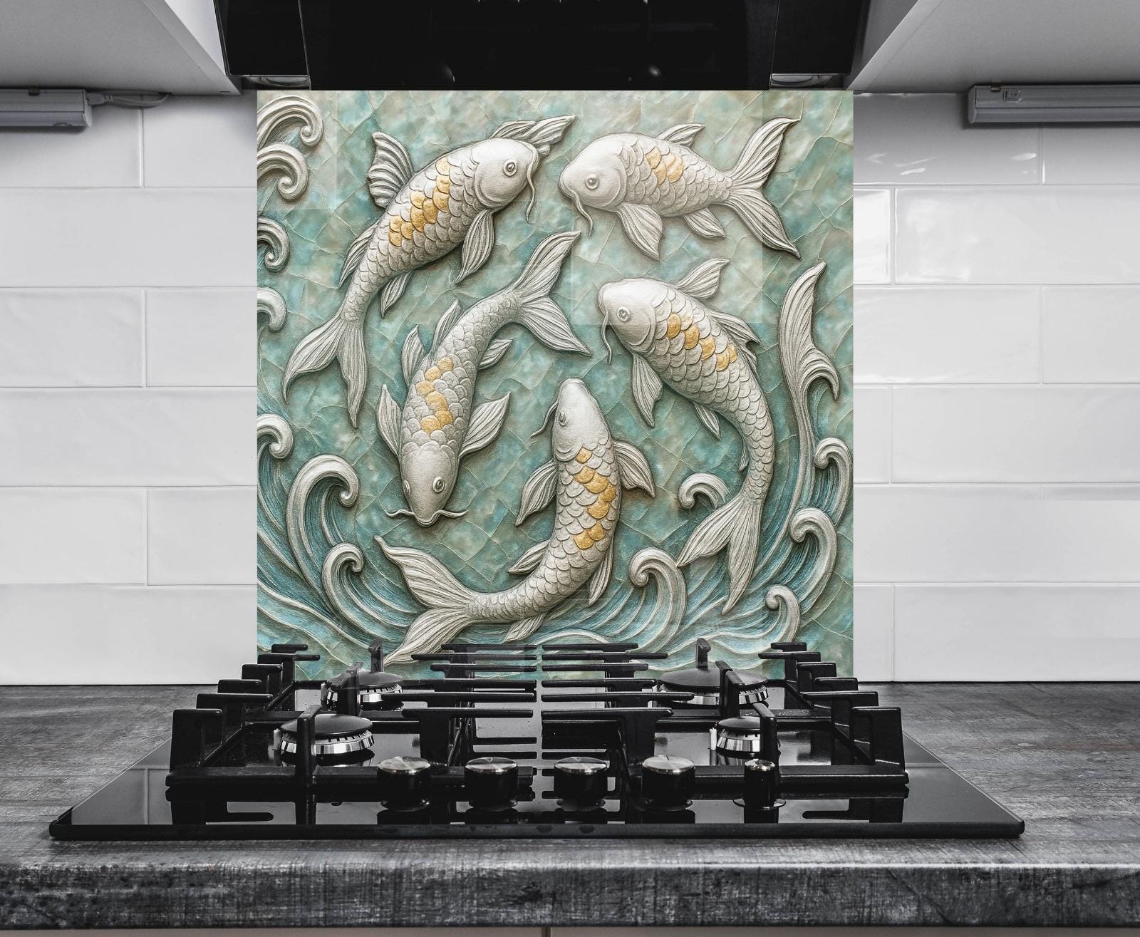 a painting of a group of fish on a tile wall