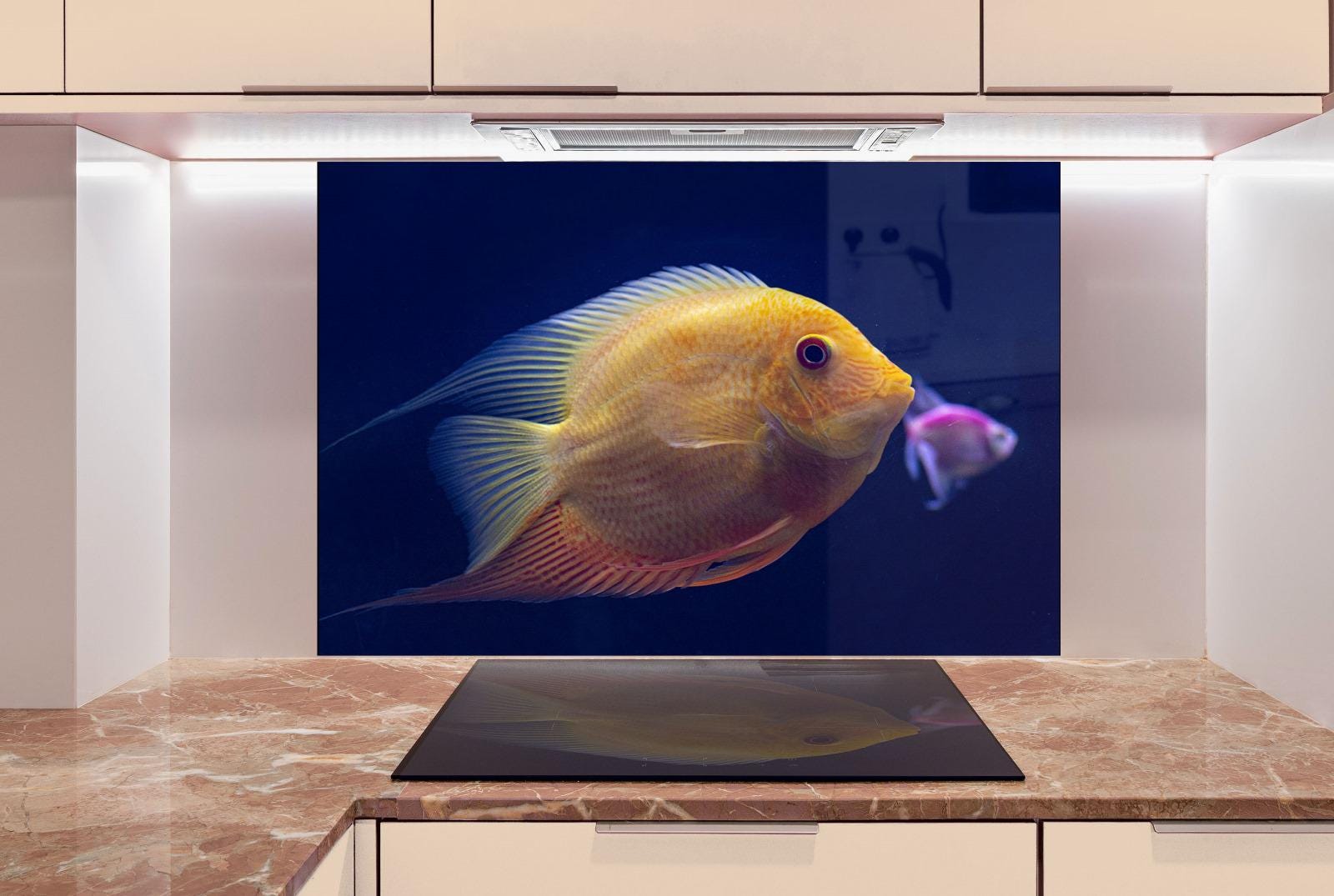 Golden fish artwork on glossy glass surface.