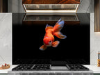 a large orange goldfish swimming against a black background, with a modern kitchen setting in the background.