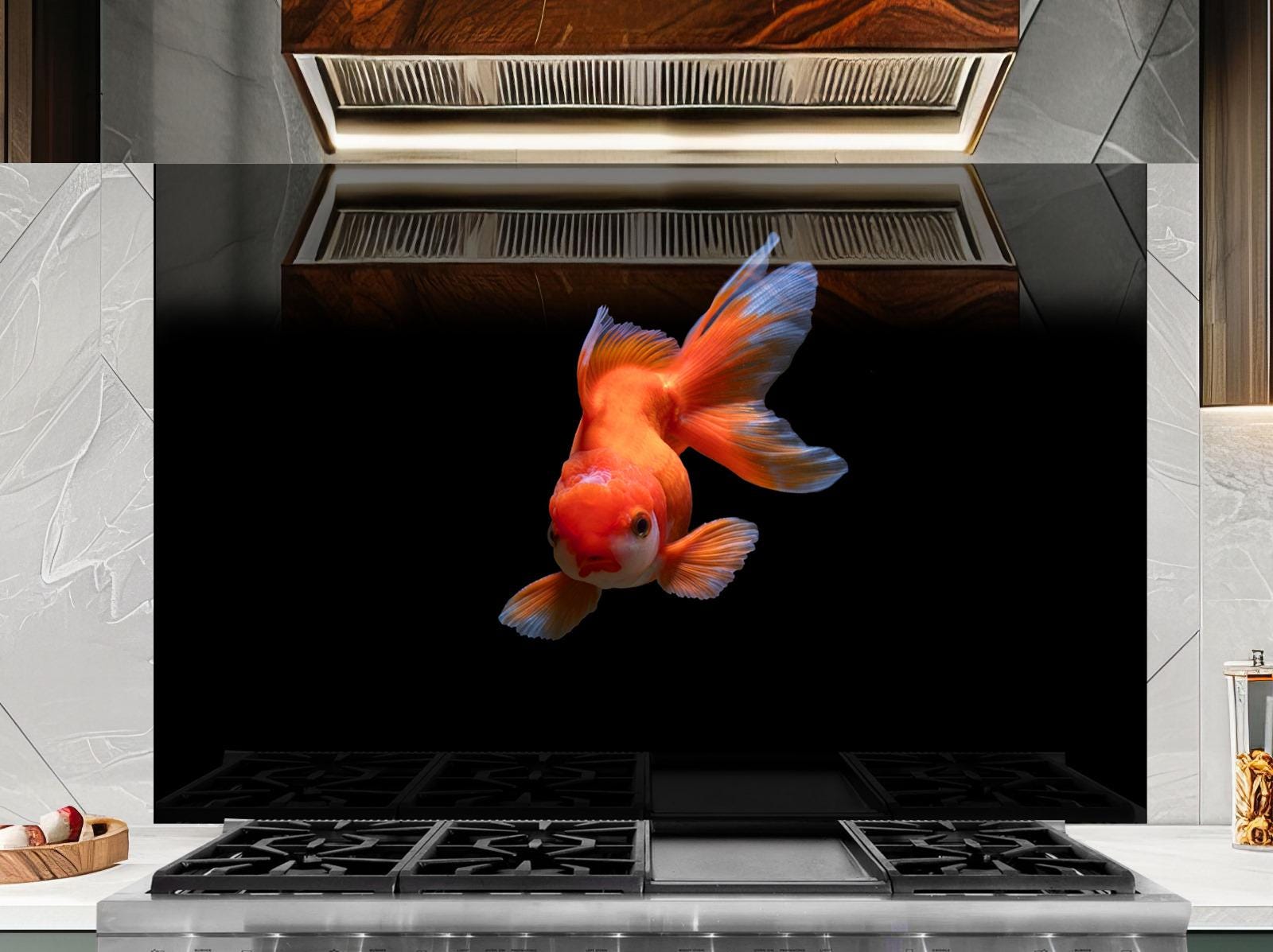 a large orange goldfish swimming against a black background, with a modern kitchen setting in the background.