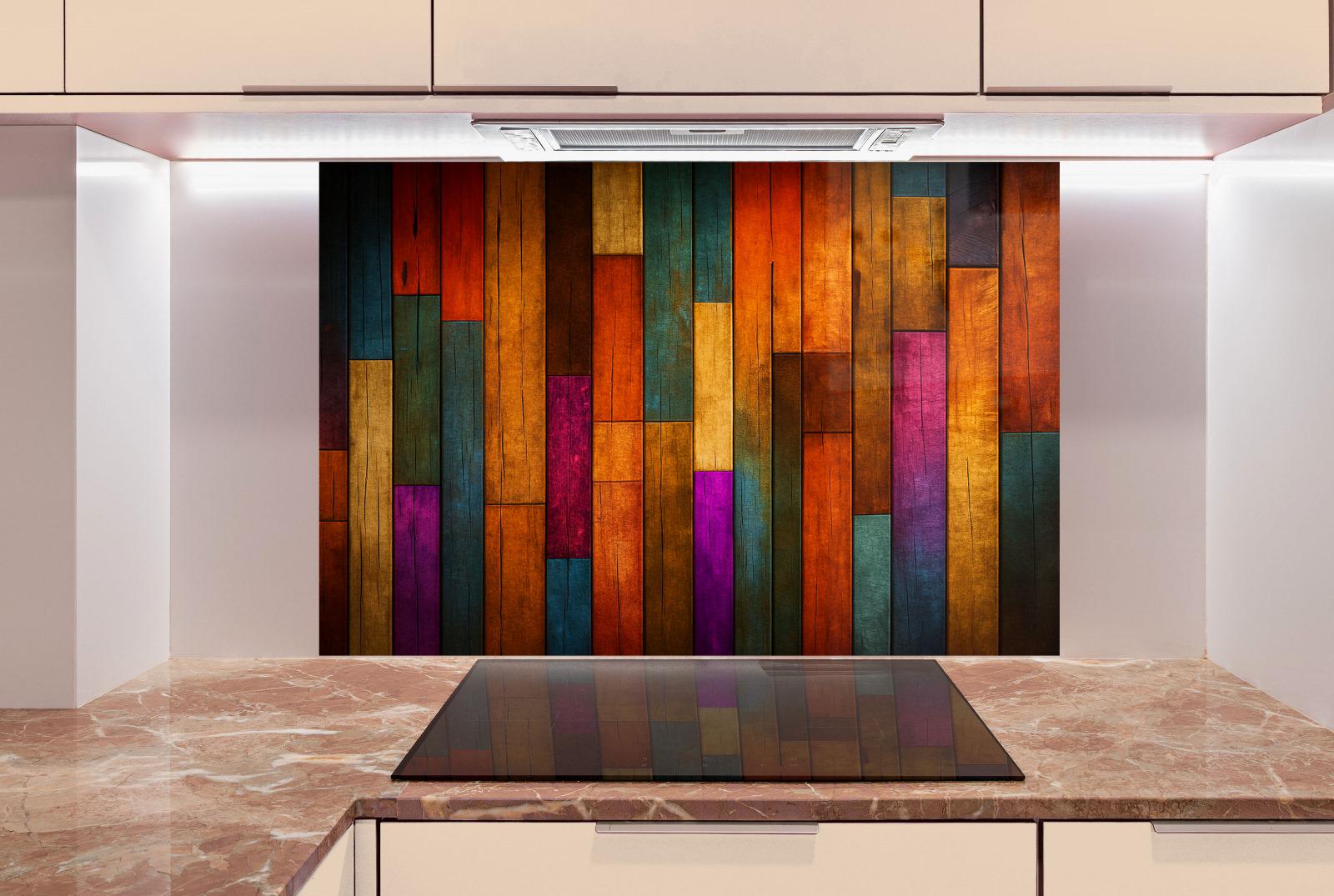 a kitchen with a counter and a painting on the wall