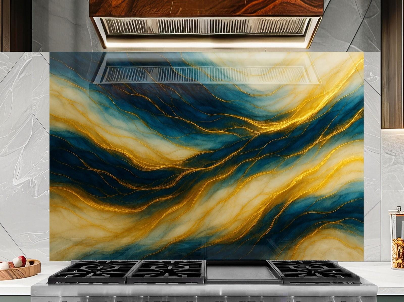 a stove top with a painting on top of it