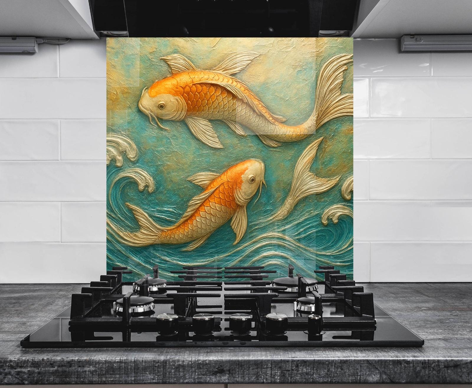 a painting of two gold fish on a green background