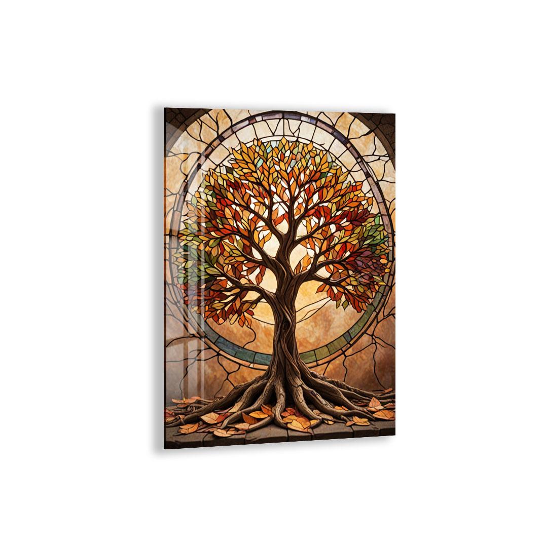a stained glass tree with a vibrant, colorful design, set against a backdrop of a circular window.
