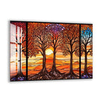 A vibrant stained glass artwork depicting a serene landscape with trees and a sunset.