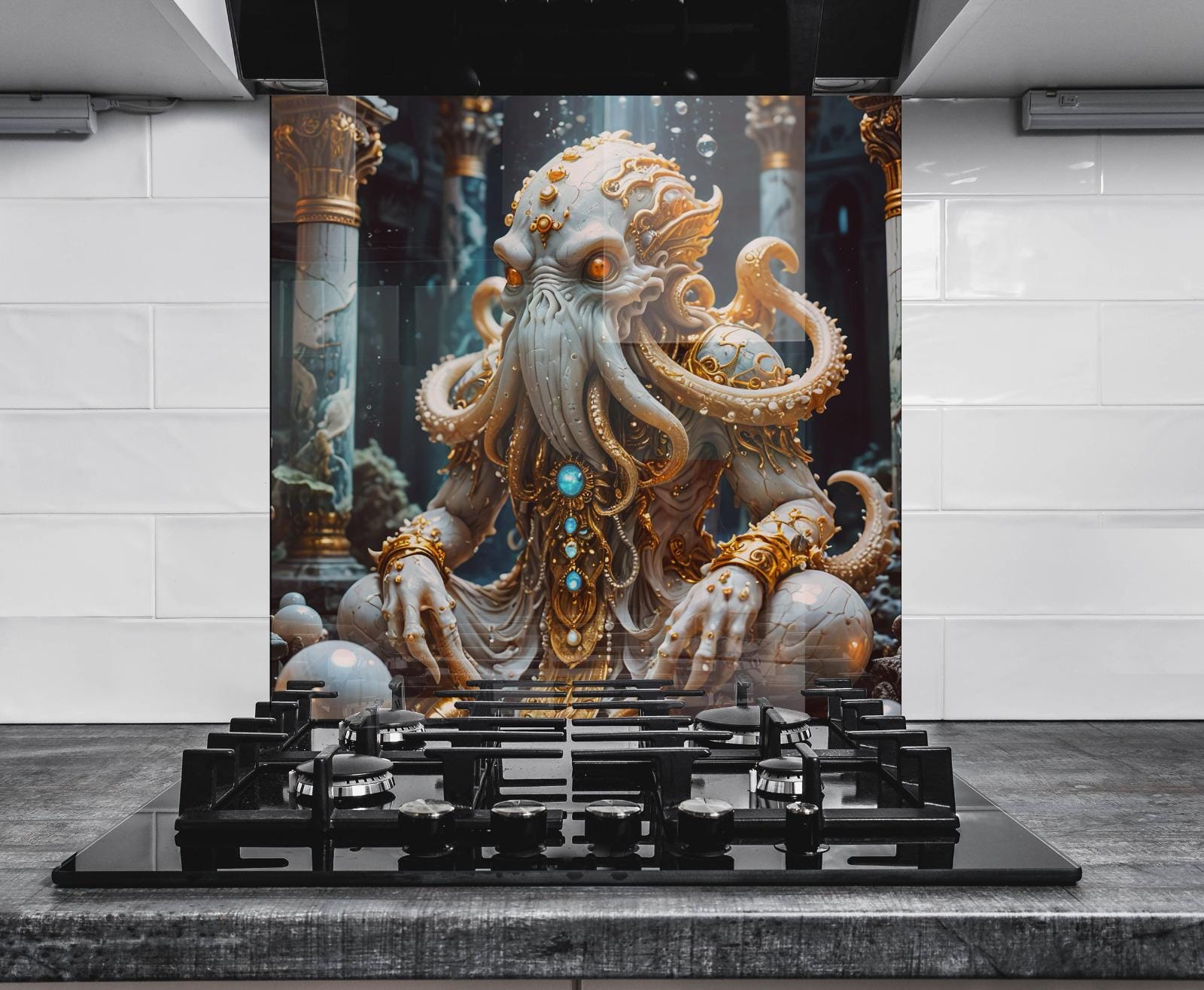 a large, ornate, and fantastical creature with tentacles, sitting on a surface with a gas stove in the foreground.