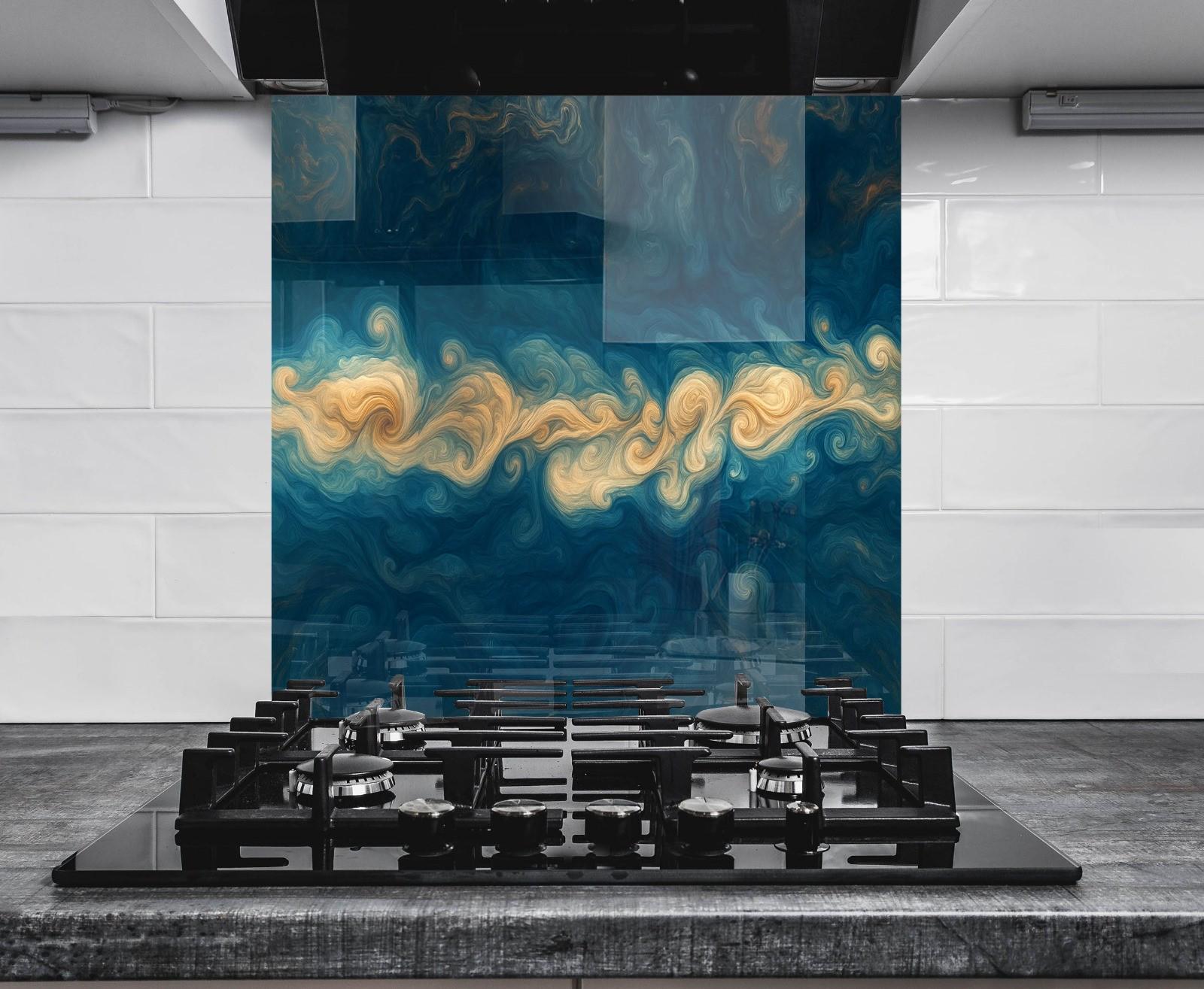 a stove top sitting inside of a kitchen under a painting